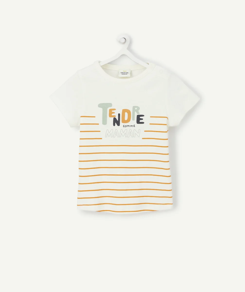 T-SHIRT BÉBÉ GARÇON EN FIBRES RECYCLÉES RAYÉ ÉCRU ET CAMEL