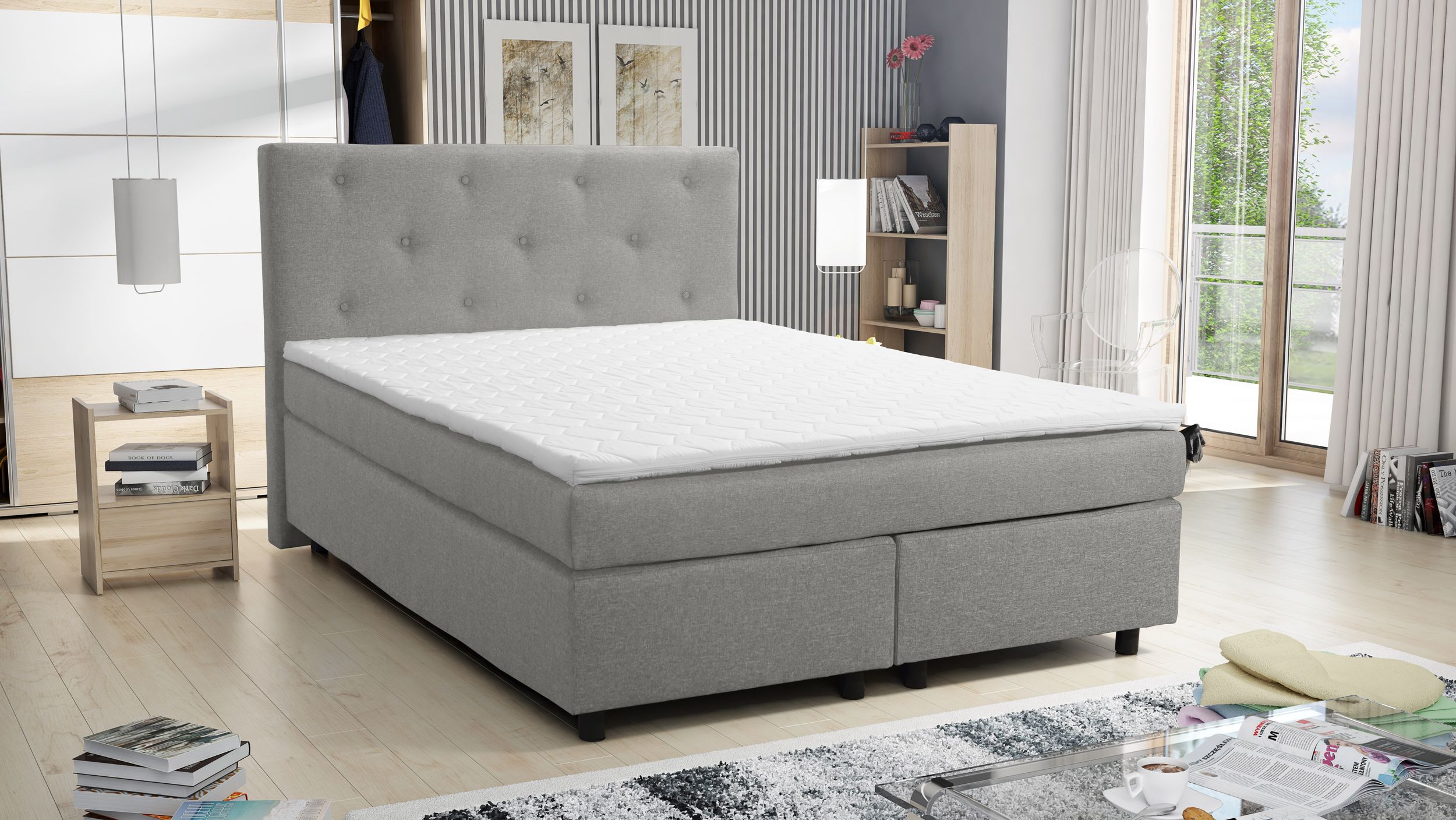 Boxspringbett 140x200 Hotelbett Bonellfederkern Topper Paxos 1 Chester hellgrau