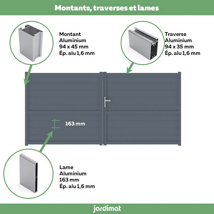 Portail Jardimat battant aluminium Perth gris anthracite - 400 x h.170 cm