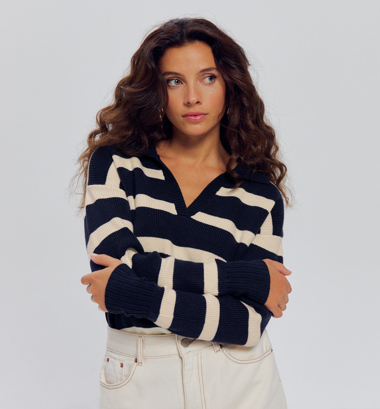 Pull marinière ctelé Femme - Rayé écru