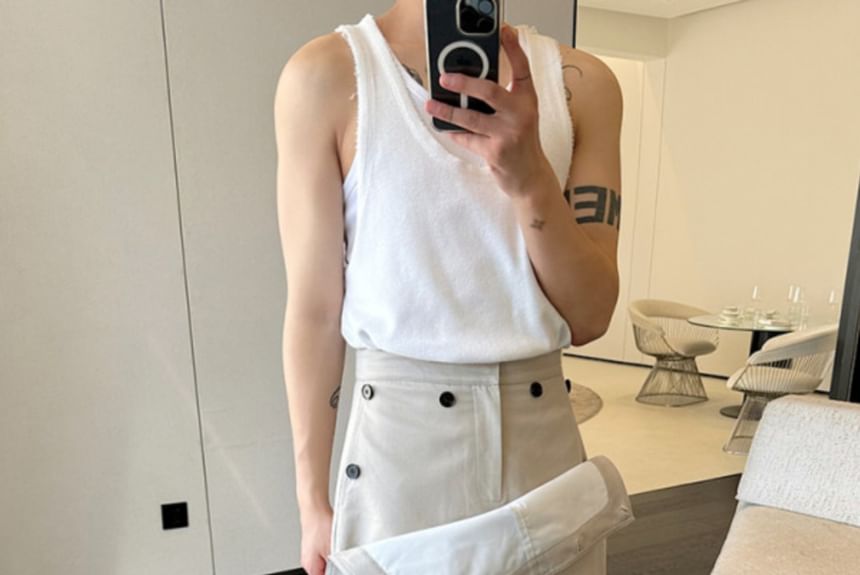 Freehop - High Waist Mock Two-Piece Plain Wide Leg Pants