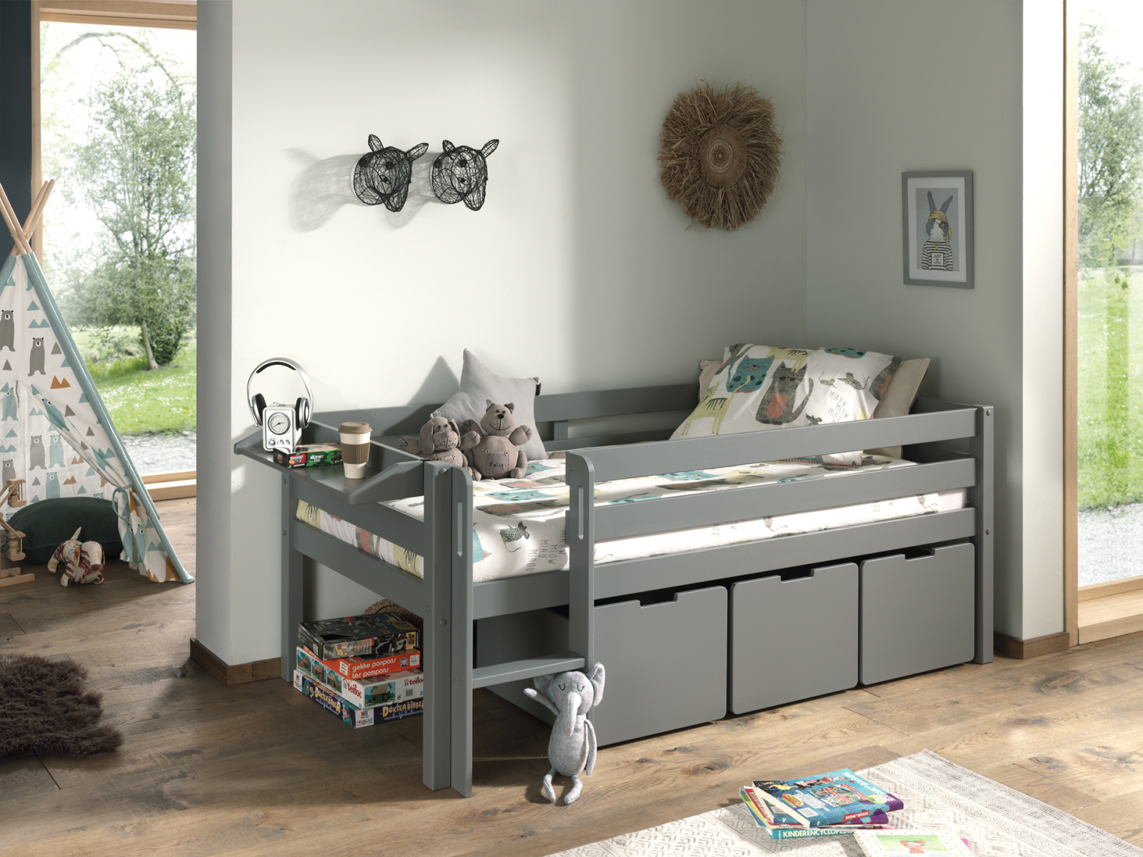Kojen-Spielbett - grau - Leiter - Schubkästen - Regal - 90x200 cm