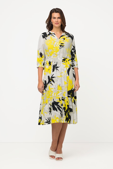 Midikleid, Blätterranken, Tunika-Ausschnitt, 3/4-Arm