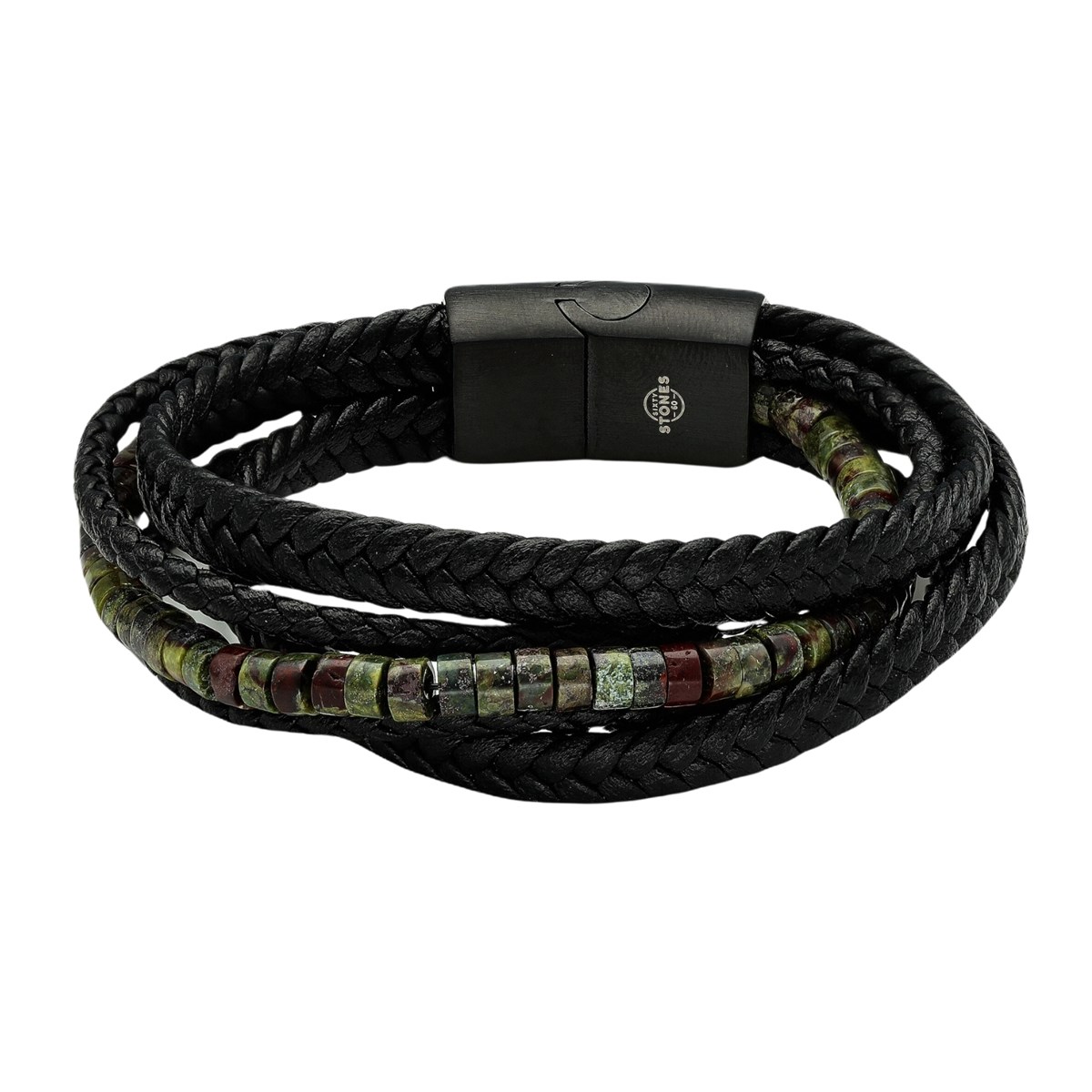 Bracelet Cuir Noir Tressé Avec Perles Heishi Kaki Jaspe Sang De Dragon-Medium-18cm