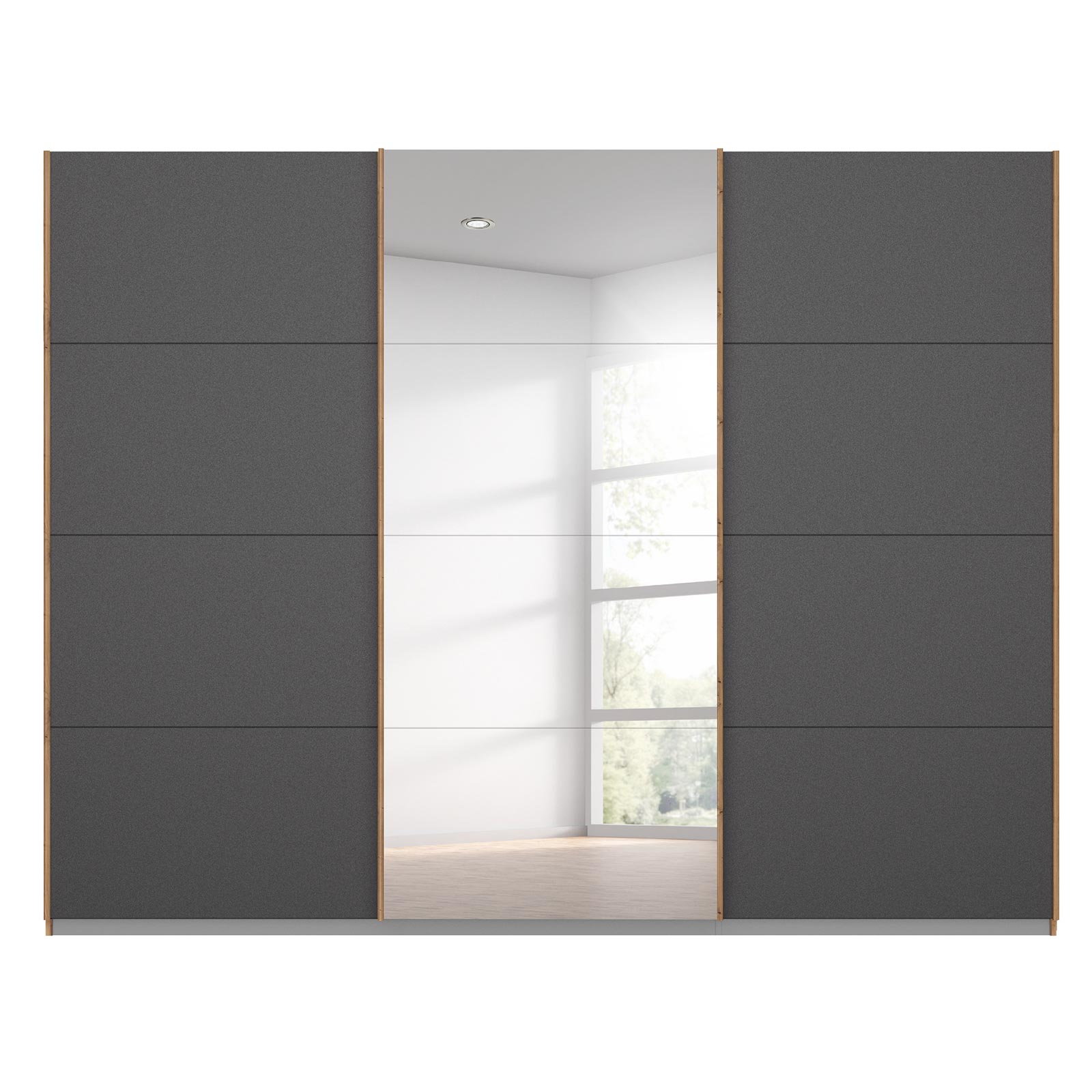 Schwebetürenschrank - grau metallic - Eiche Artisan - mit Spiegel - 271x210 cm