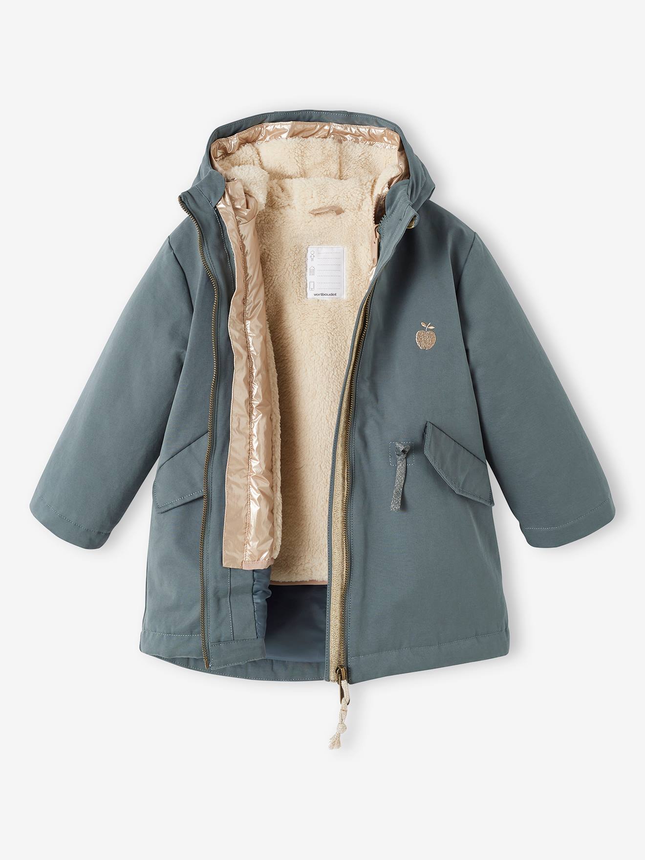 Parka verde com capuz para meninas, jaqueta acolchoada brilhante e forro de sherpa 3 em 1