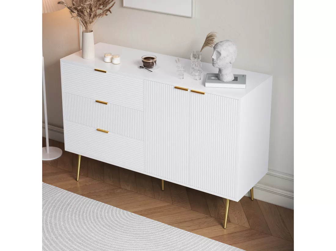 Buffet avec 2 portes et 3 tiroirs - 120 x 38 x 80.5 cm - Poignées et pieds dorés - MDF - Blanc et or