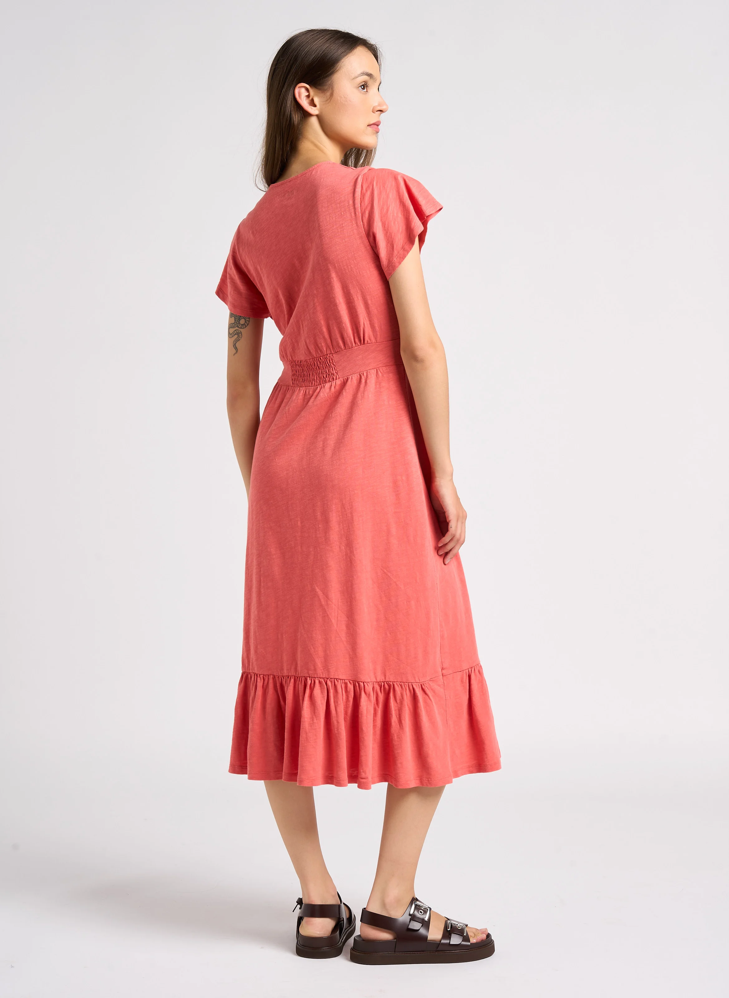 VALMA - Robe midi col V en coton| Rose
