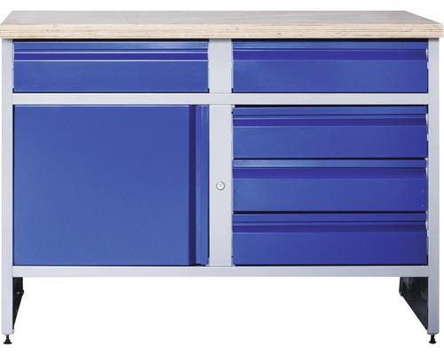 Industriële A 2.0 werkbank, 1180 x 880 x 700 mm, 1 deur, 5 laden, grijs/blauw