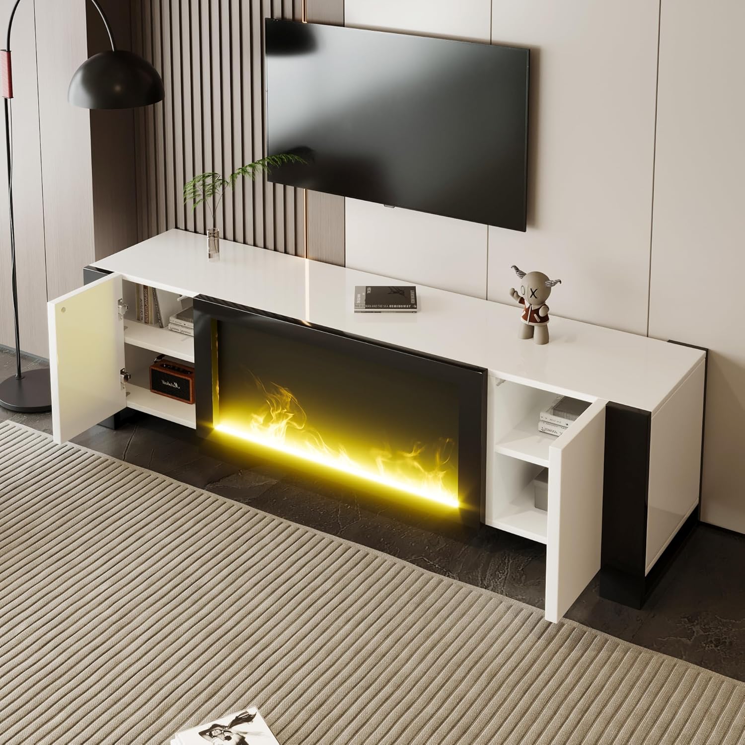 TV-Schrank, Lowboard mit elektrischem Kamin Flammeneffekt, Keine Heizfunktion, Hochglanz, farblich passender TV-Schrank
