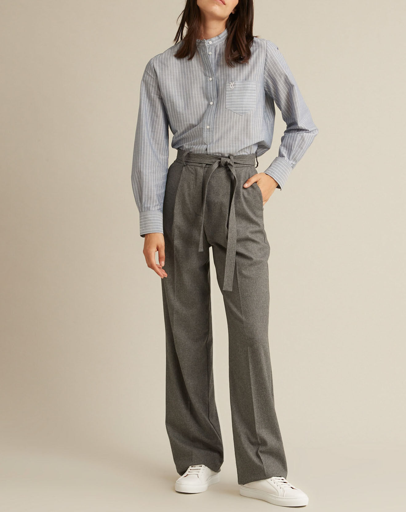 Cyrillus Pantalon large en Flanelle Laine mélangée gris foncé chiné