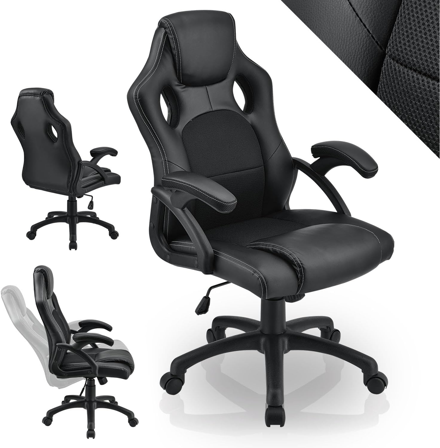 Juskys® Racing Schreibtischstuhl Montreal ergonomisch höhenverstellbar & gepolstert 120 kg belastbar Bürostuhl Drehstuhl PC Gaming Stuhl - schwarz