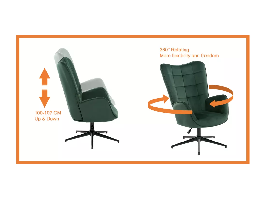 URBAN MEUBLE Fauteuil Scandinave Chaise Pivotant pour Bureau Salon Chambre avec Un revêtement en Velours des Accoudoirs Rembourés, Métal, vert, 70*80*100CM
