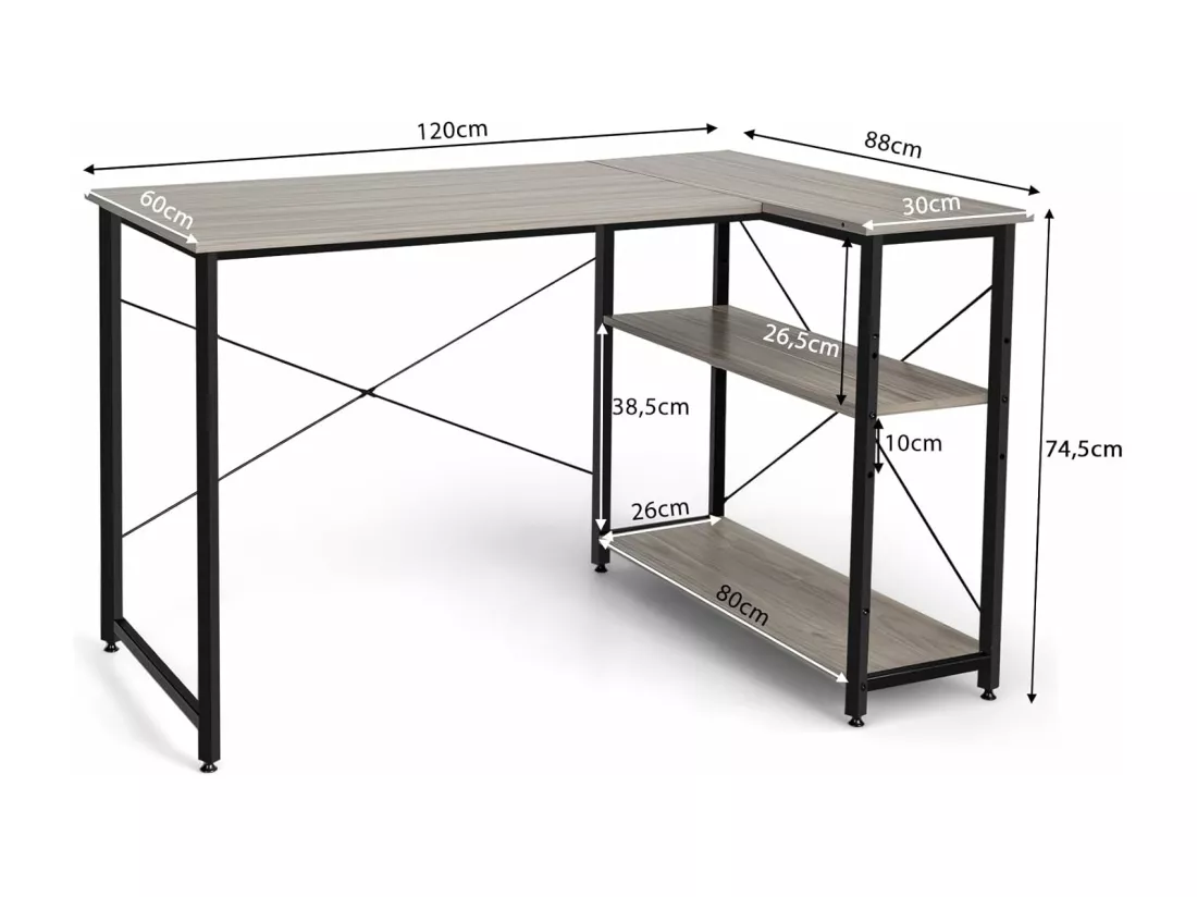 Bureau d'angle en Forme L Réversible, Poste de Travail avec Étagères de Rangement, 120 x 88 x 74,5 cm, Peu Encombrant, pour Maison, Bureaux (Gris)