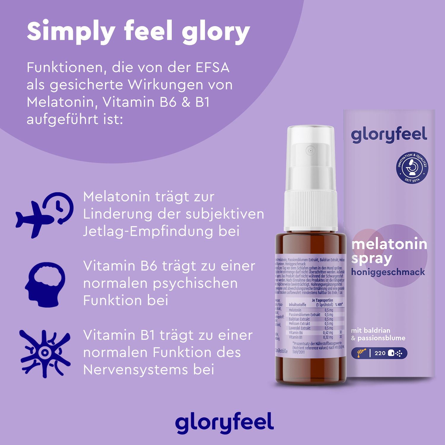 gloryfeel® Melatonin + Baldrian, Lavendel & Melisse Spray Honig