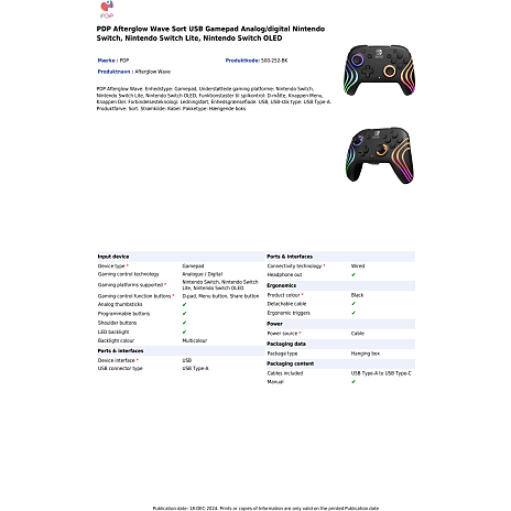 PDP Nintendo Switch trådløs controller - Afterglow sort