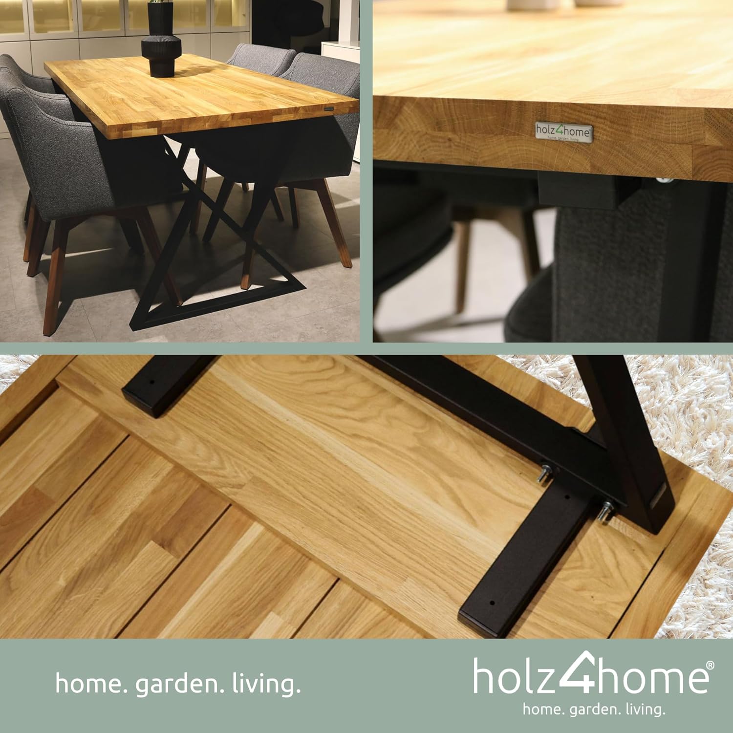 holz4home® Massivholztisch Eiche I Ohne Baumkante I Mit Aufdopplung I inkl. Tischgestell (Doppel-Dreieck-Gestell, 180 x 100 cm)