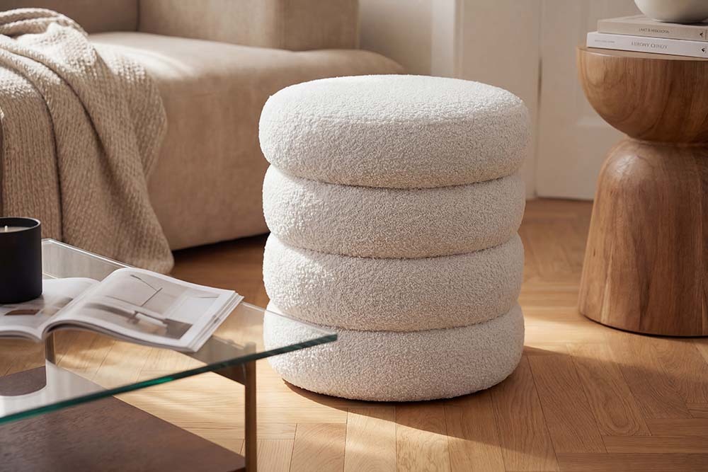 Runder Polsterhocker VOGUE 40cm weiß Bouclé mit Stauraum