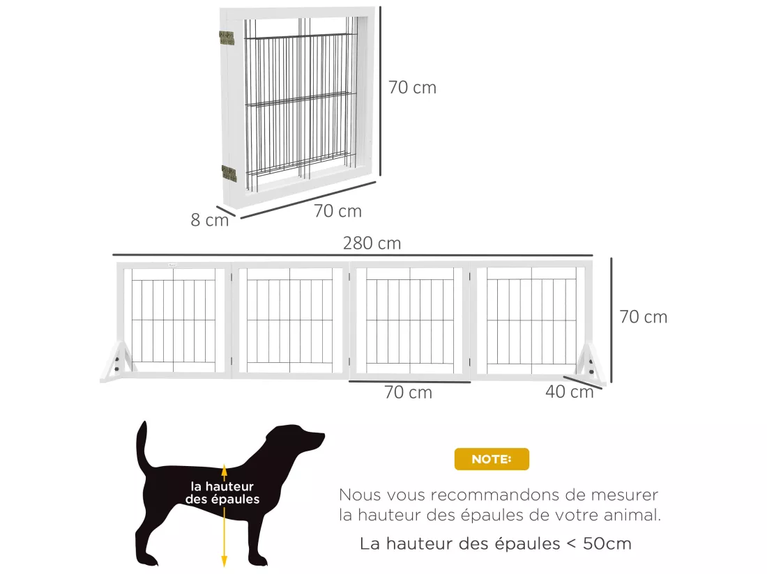 Barrière de sécurité pour animaux autoportante - barrière modulable pliable 4 panneaux - 2 pieds support - acier noir bois blanc
