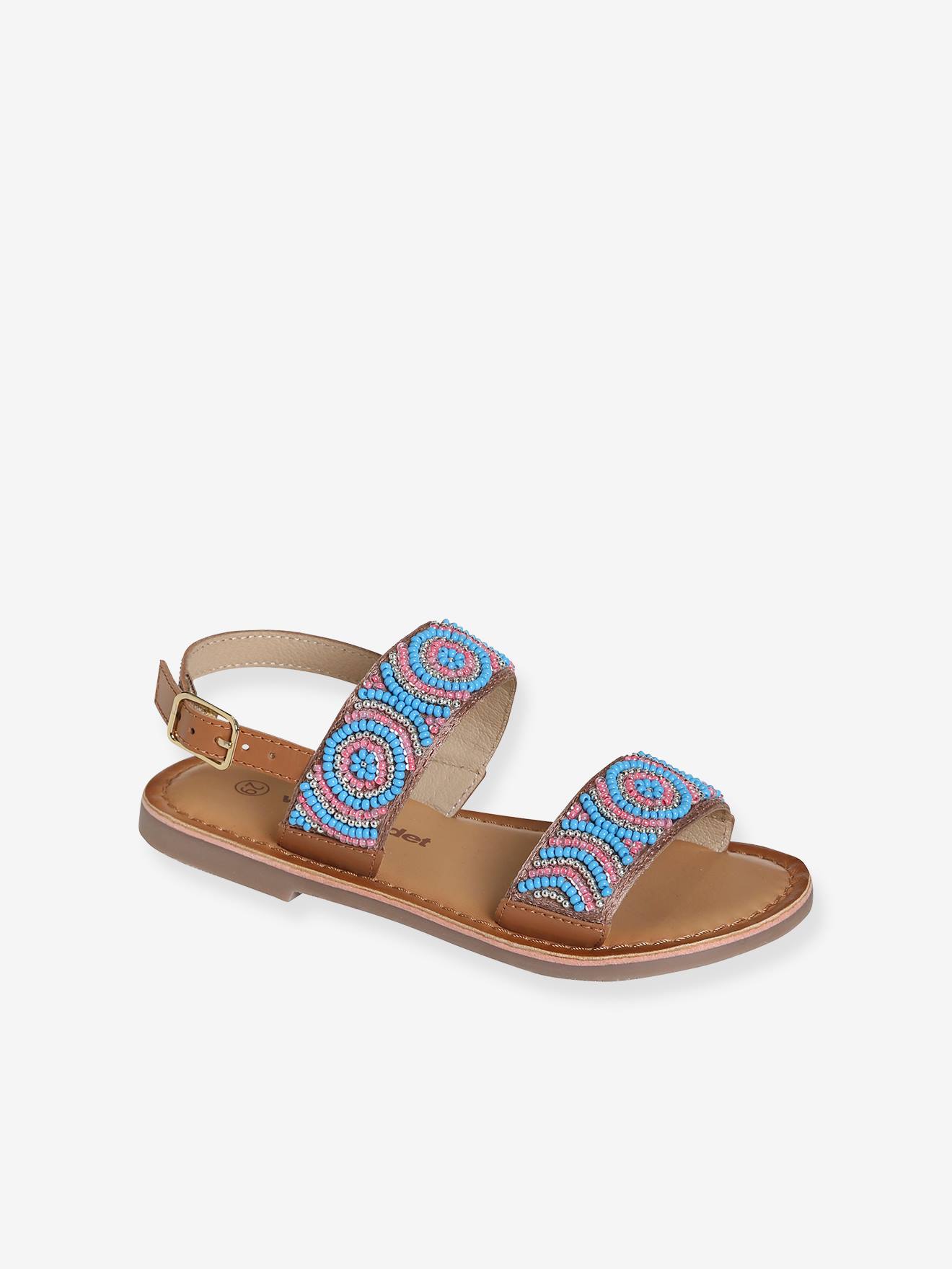 Sandálias de tecido com miçangas, para meninas, lisas, azul claro com estampas.