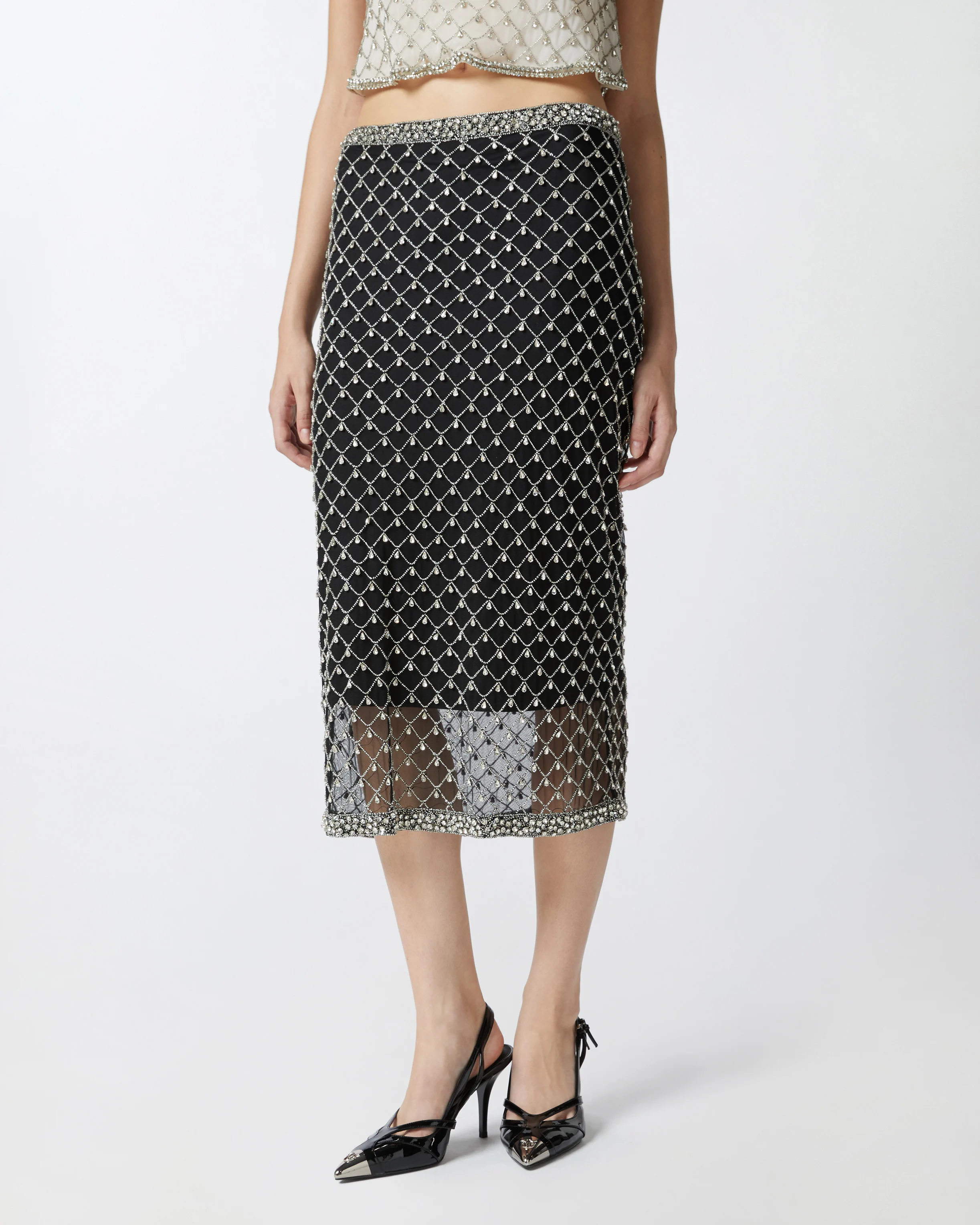 Jupe en tulle avec broderie de cristaux | Transparent