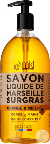 MKL Green Nature Savon Liquide De Marseille Surgras Orange/Miel Corps/Mains Pomp-Flacon 1l