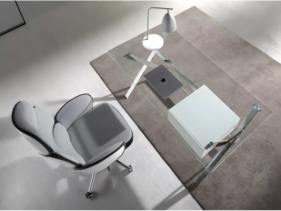 Bureau en bois blanc et acier chromé avec plateau en verre trempé 3255 ANGEL CERDA