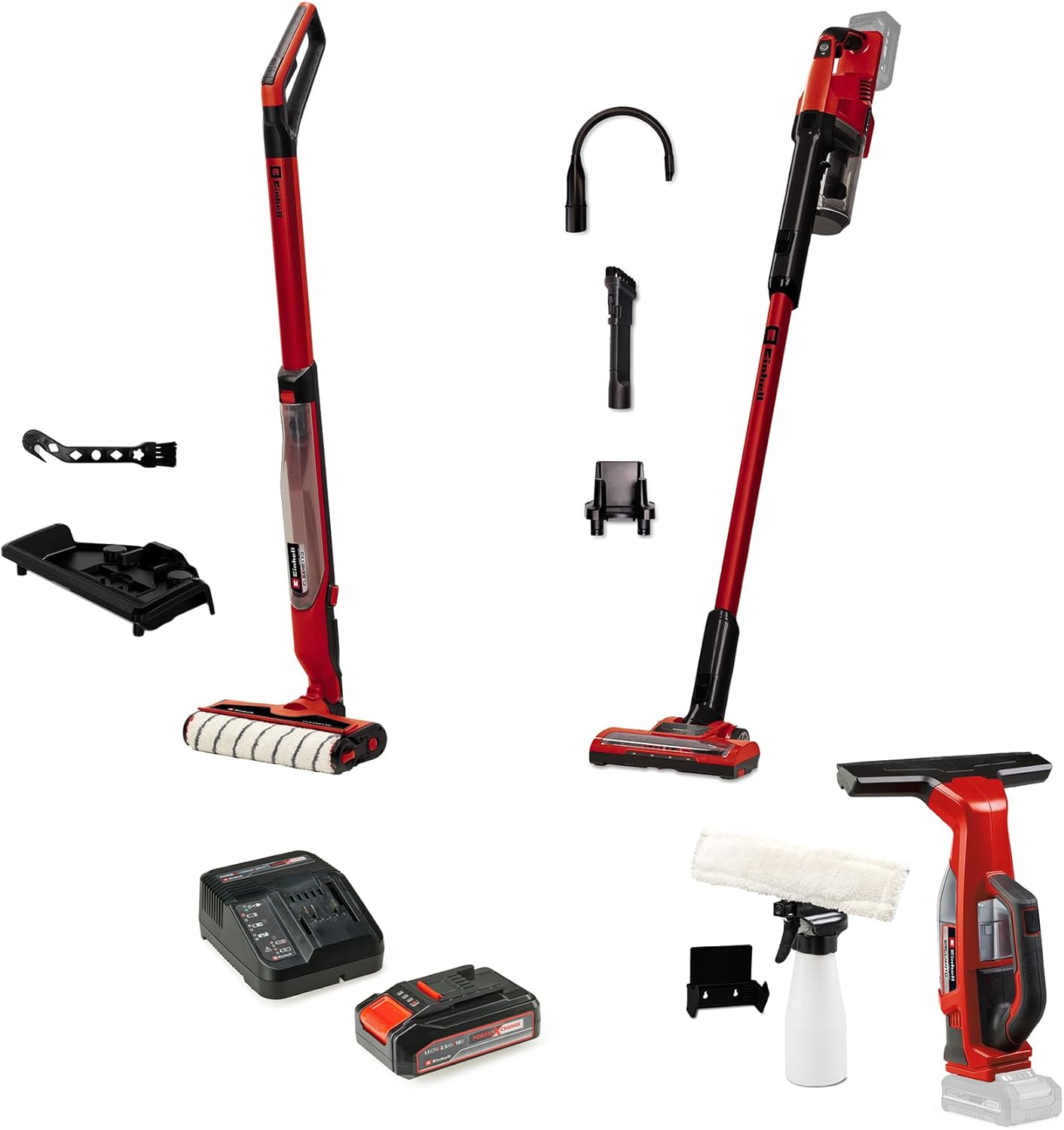 Einhell Akku-Haushalt-Set Power X-Change (18 V, inkl. Akku-Fensterreiniger, Akku-Hartbodenreiniger, Akku-Stielstaubsauger, 1x 2,5 Ah Akku, 1x Ladegerät)
