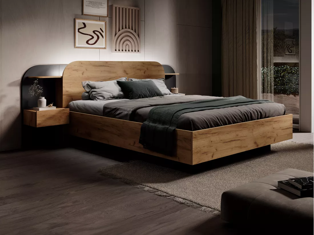 Lit coffre avec chevets 160 x 200 cm - Avec LEDs - Coloris : Naturel et noir + Matelas - JUVISIA