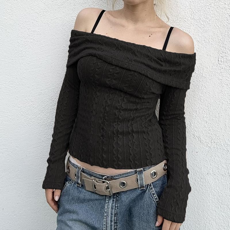 Sosana - Lange mouwen off-shoulder effen kabelgebreide crop trui