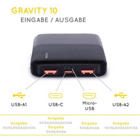 GRAVITY Powerbank  black  10000mAh, 37W Output: 15W