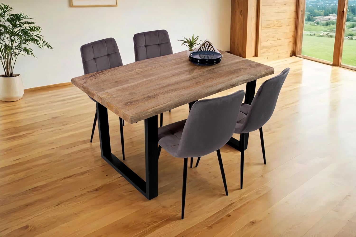 SAM Esstisch Cali | 160 x 85 cm | Mangoholz | Farbe: Natur/rau | U-Gestell Metall Schwarz | Massivholz mit echter Baumkante | pflegeleichter Baumkantentisch/Esszimmertisch