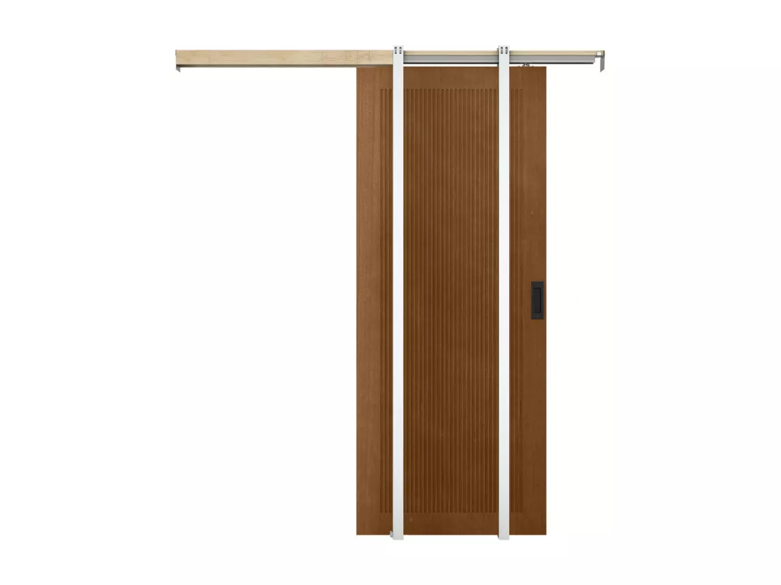 Porte coulissante avec système à galandage en MDF et bois - naturel foncé - H205 x L83 cm - SANDORA