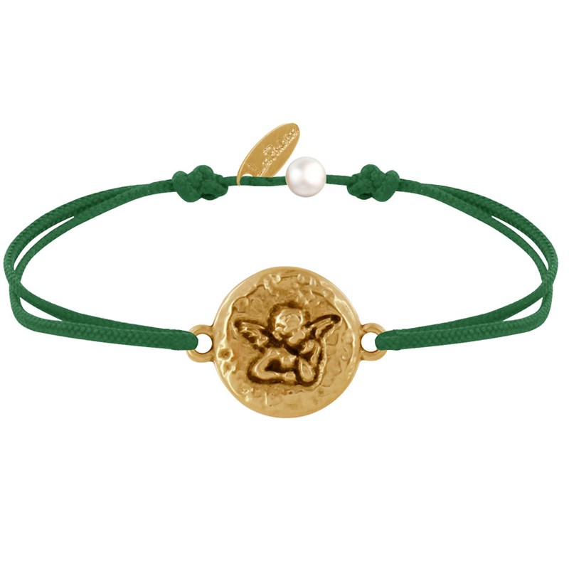 Bracelet Lien Médaille Ronde Martelée Laiton Doré Ange Raphaël - Vert Foncé