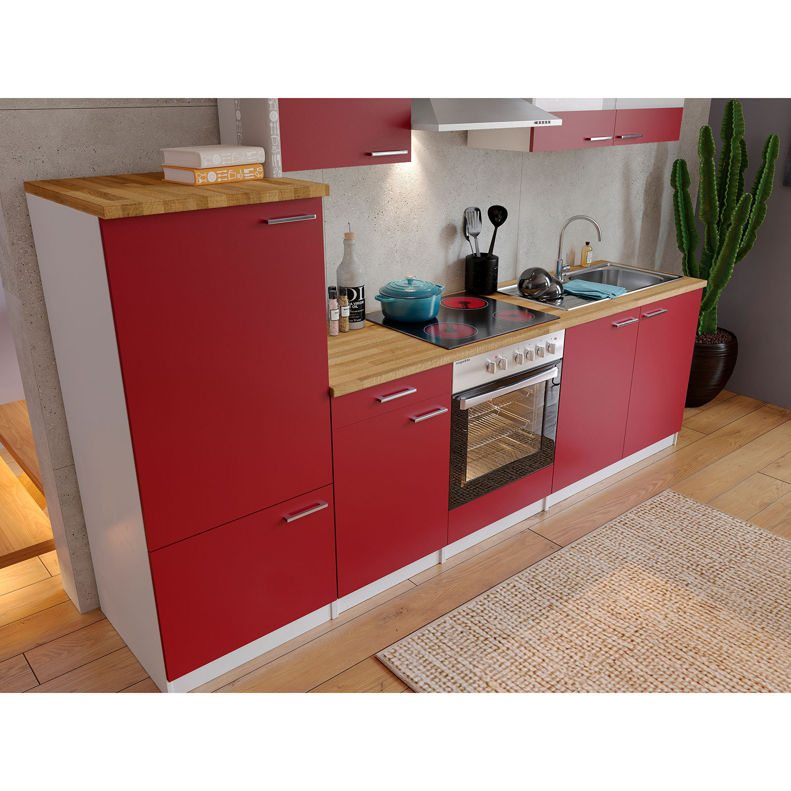 RESPEKTA Küchenblock - rot-weiß - mit E-Geräten - 270 cm