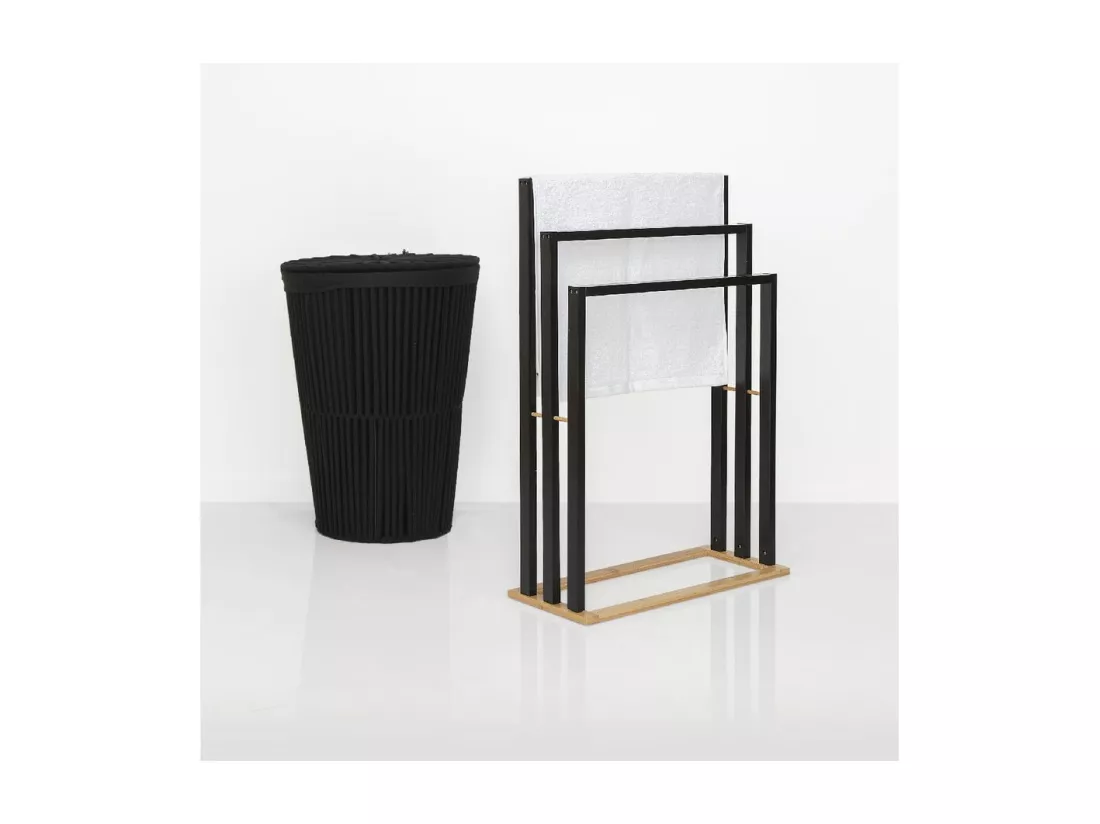 Porte-serviettes 3 Barres en Bambou et Bois Noir H 82 cm