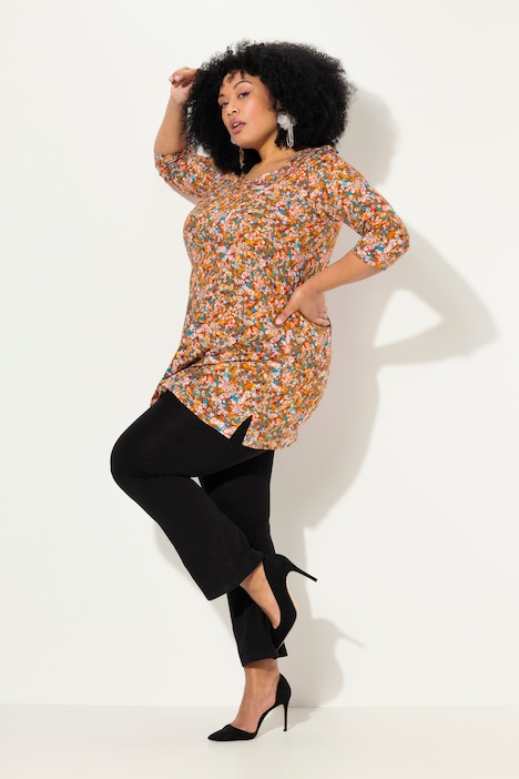 Longshirt, Blüten, A-Linie, Rundhals, 3/4-Arm