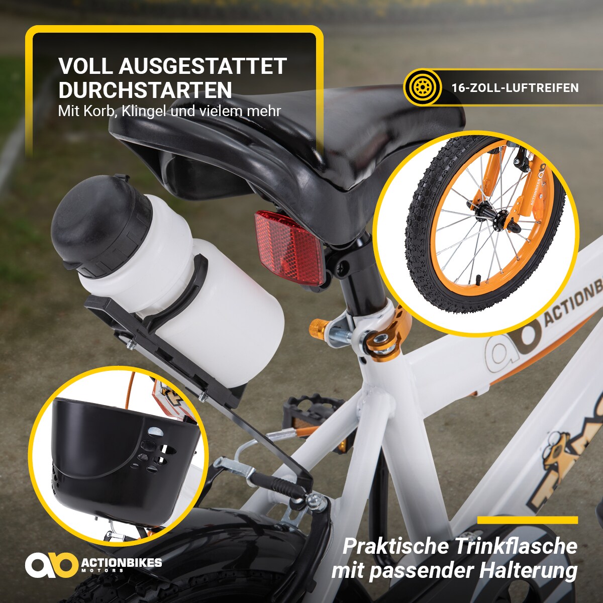 Actionbikes Kinderfahrrad Timson 16 Zoll, V-Brake-Bremsen, höhenverstellbar, Stützräder, Korb