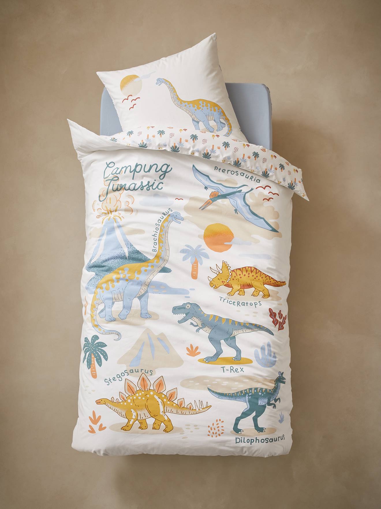 Conjunto de cama infantil JURASSIC CAMP, branco com estampa.