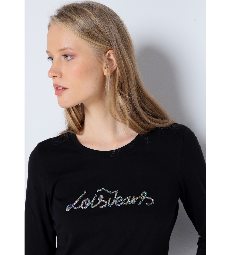 Camiseta básica de manga comprida Lois com logo e pedras preciosas - Preta