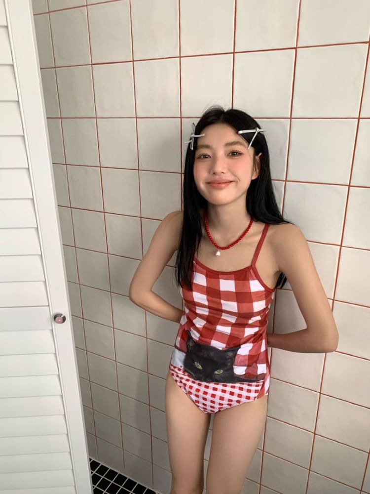 Komorkowe - Gingham Cat Print badpak