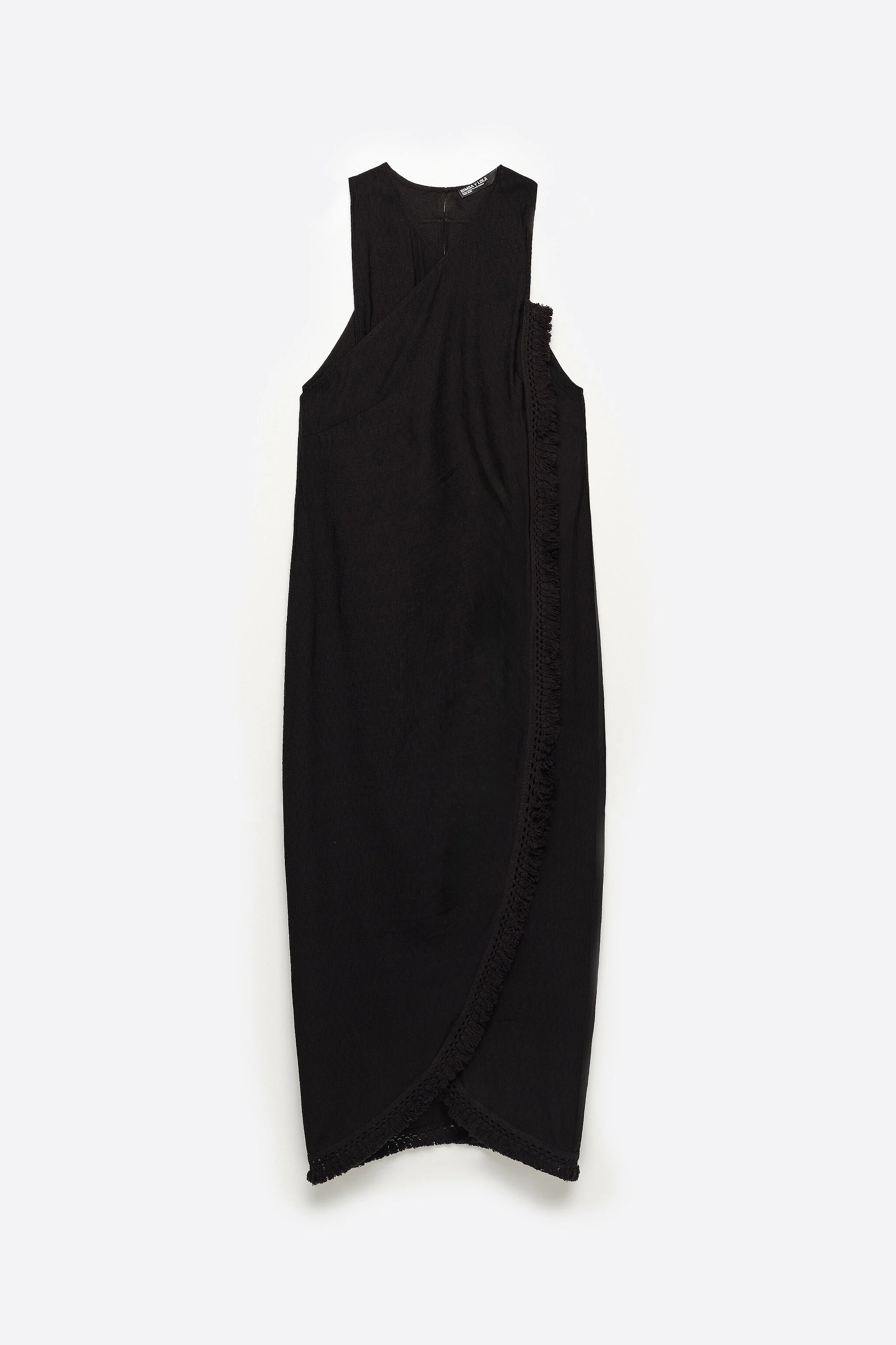 Vestido midi preto com franjas e amarração