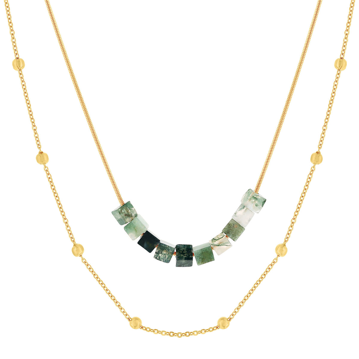 Collier acier doré 2 rangs agates vertes