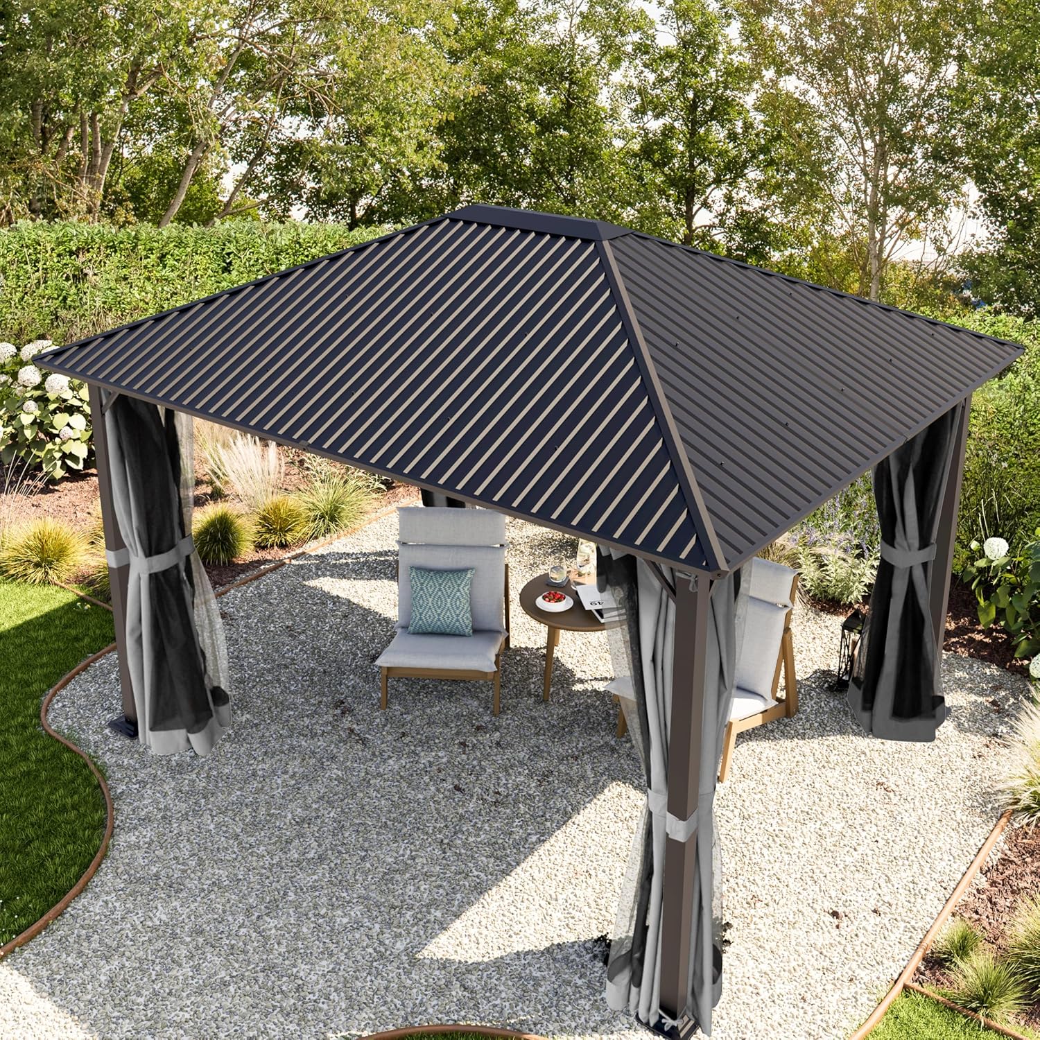 TOOLPORT Gartenpavillon 3x3,65 m mit Stahldach - Hardtop Pavillon mit 4 Seitenteilen und Moskitonetzen in Grau