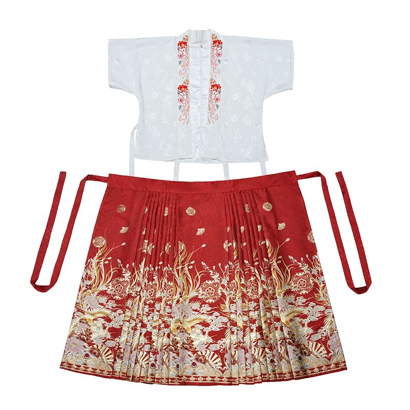 Fioridi - Hanfu-top met korte mouwen en bloemenborduursel / Maxi-A-lijn rok met hoge taille en plooien van jacquard / Ketting met imitatieparels