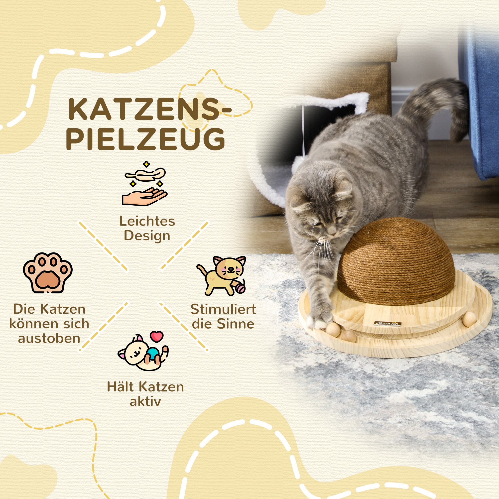 PawHut Holzkatzenspielzeug mit Kratzbrett natur 39,5L x 32,5B x 14,5H cm