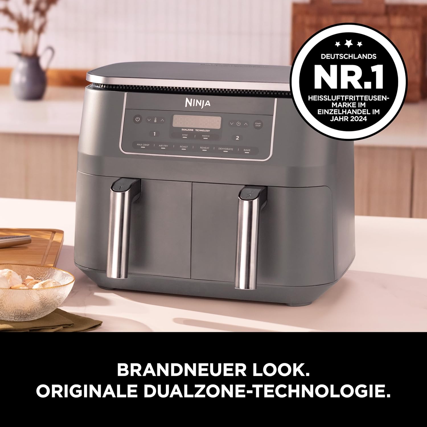 Ninja Dual Zone Digital Air Fryer, 2 Schubladen, 6-in-1, Heißluftfritteuse ohne Öl, 7,6L, Heißluft-Frittieren, Max Crisp, Rösten, Backen, Aufwärmen, Spülmaschinenfeste Körbe, Metallic Grau DZ300EU