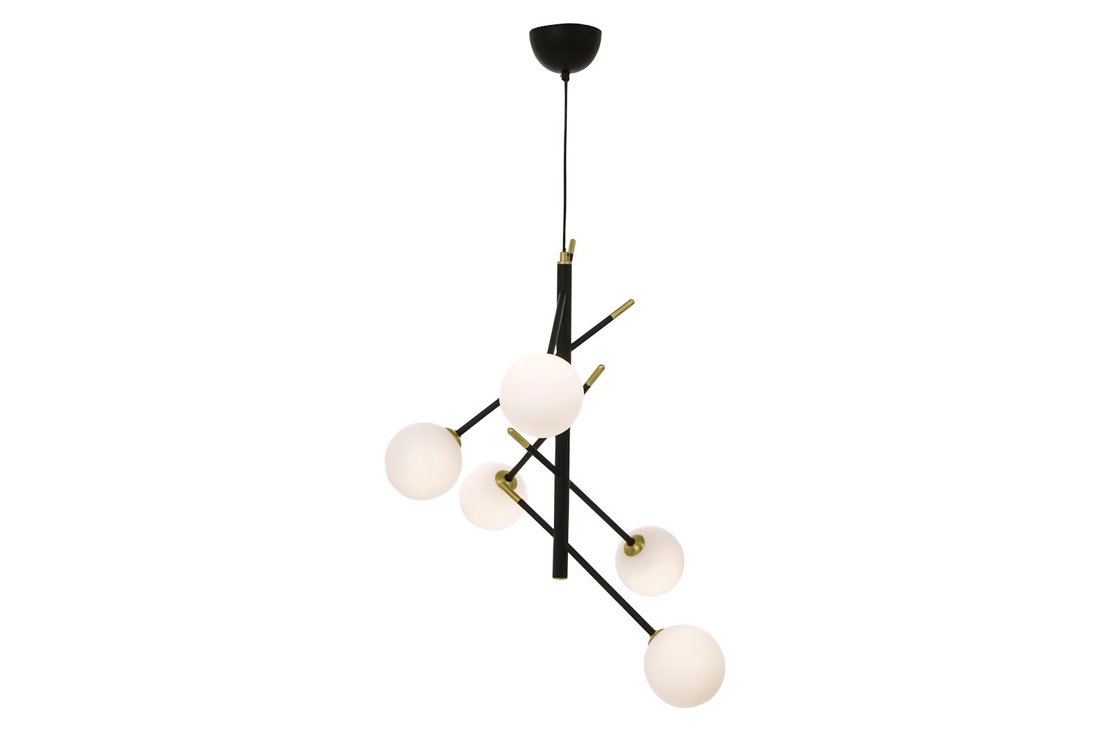 Akrobat taklampe Sort med 5 skjermer i opalhvit glass.
