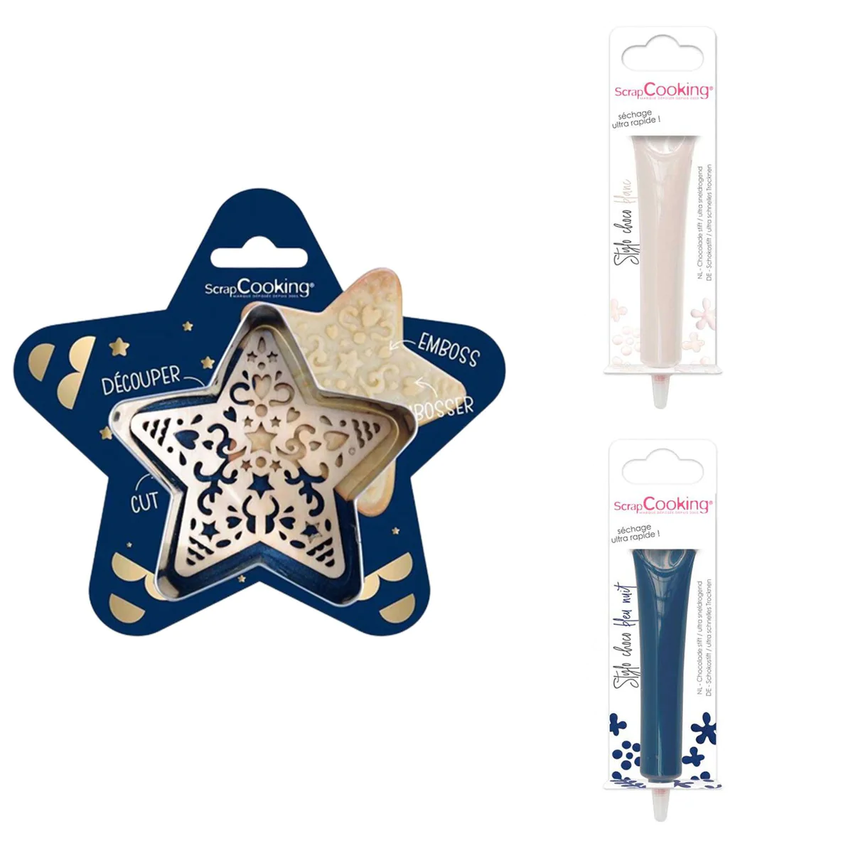 Kit pour biscuit en relief Étoile + 2 Stylos au chocolat blanc et bleu