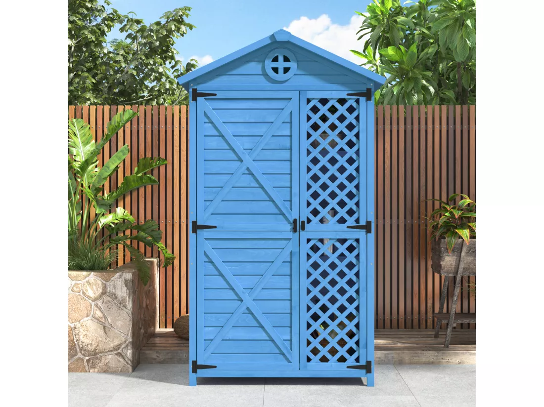 Abri de jardin en bois massif avec toit pente résistant aux intempéries - 2 portes 3 étagères - 90 x 56.5 x 175.3 cm - Bleu